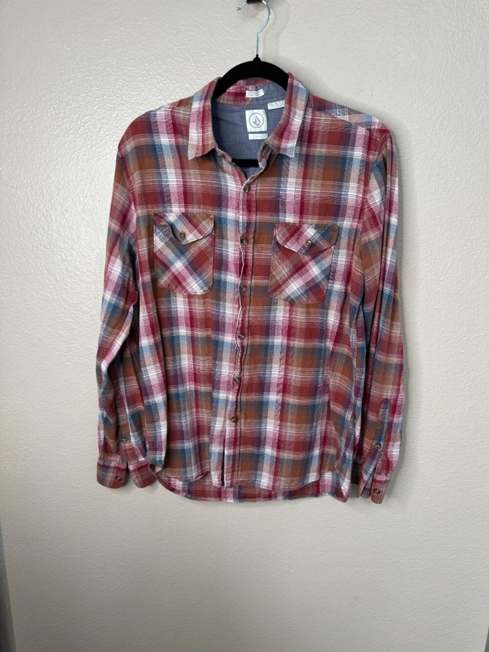 Volcom Plaid Button-Up Shirt Classic Fit Red/Blue/Orange Medium Mens Cotton